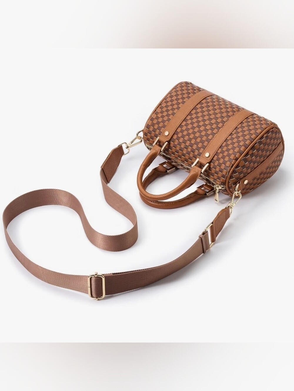 Brown Woven Checkered Vegan Leather Crossbody Satchel Bag